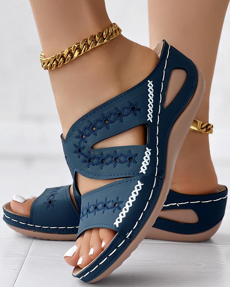 

Hollow Floral Embroidery Cross Stitching Wedge Sandals, Purplish blue