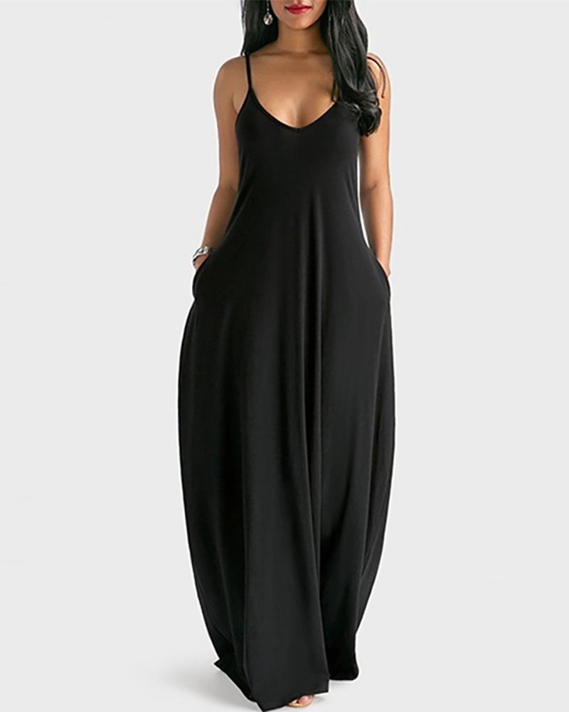

Solid Spaghetti Strap Pocket Design Maxi Dress, Black