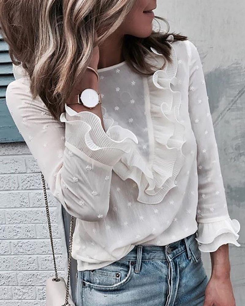 

Swiss Dot Ruffles Long Sleeve Blouse, White