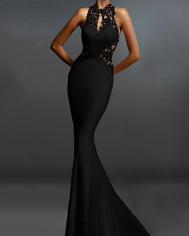 

Asymmetric Lace Crochet Open Back Evening Dress, Black