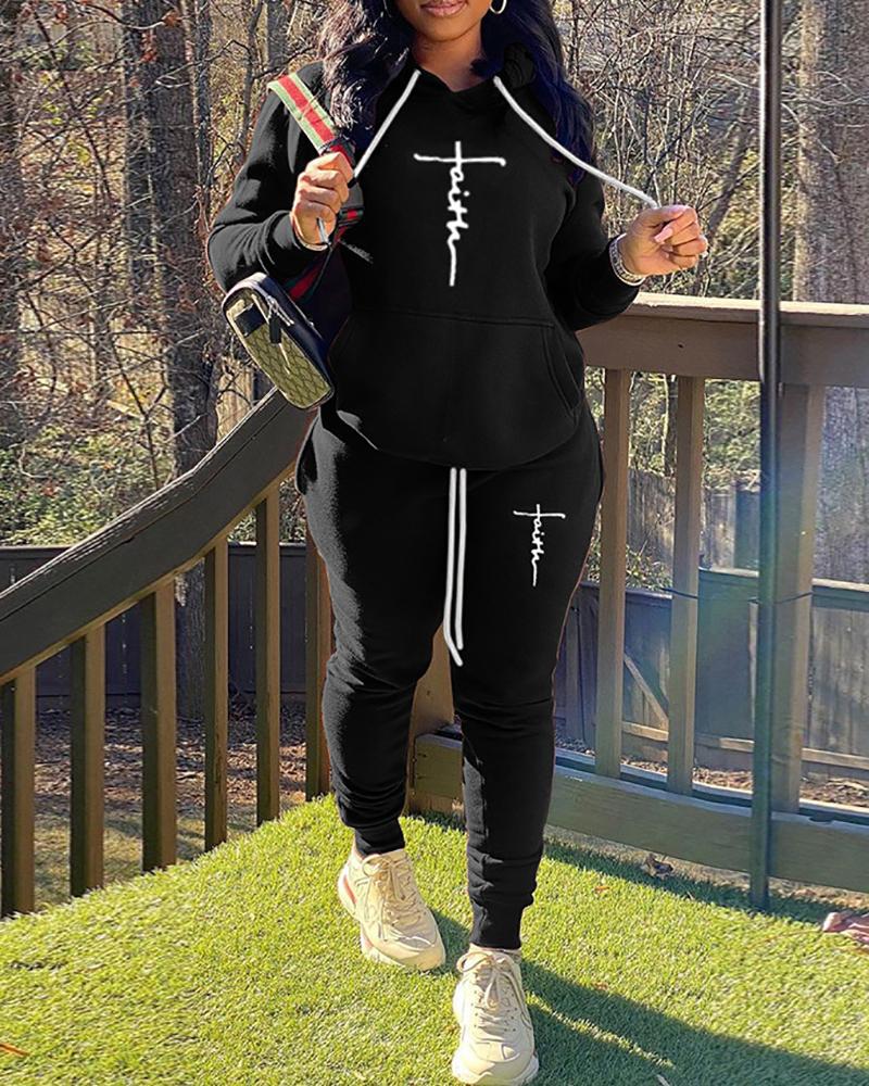 

Letter Print Long Sleeve Hooded Sweatshirt & Pocket Design Pants Set, Black