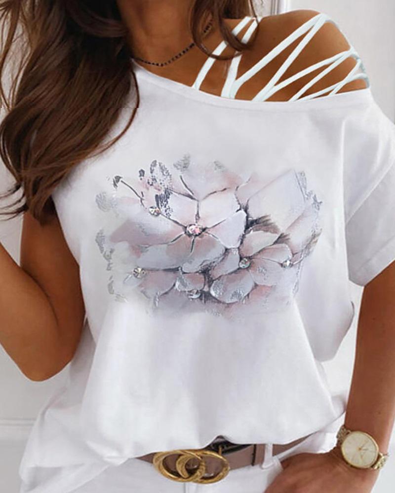 

Lace-up One Shoulder Floral Print Top, White