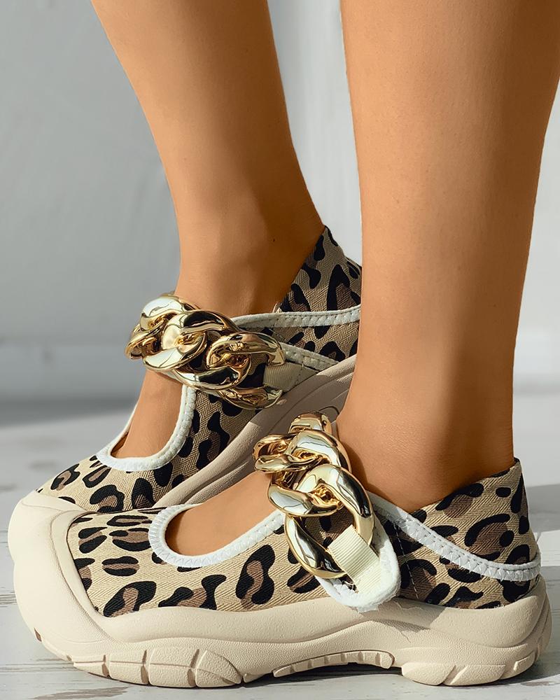

Cheetah / Zebra Stripe Print Chain Strap Shoes, Leopard
