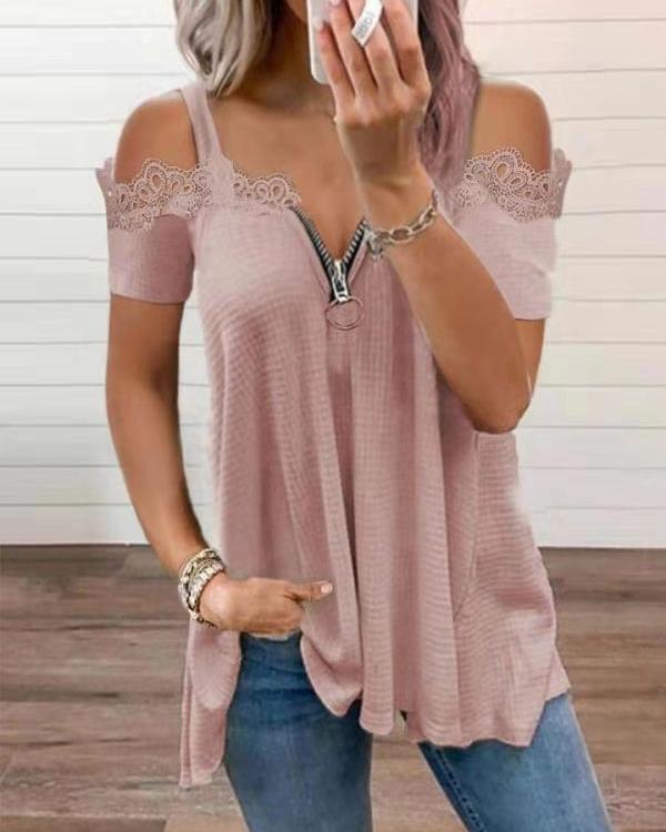 

Solid Short Sleeve Cold Shoulder Zip-up T-shirts, Pink