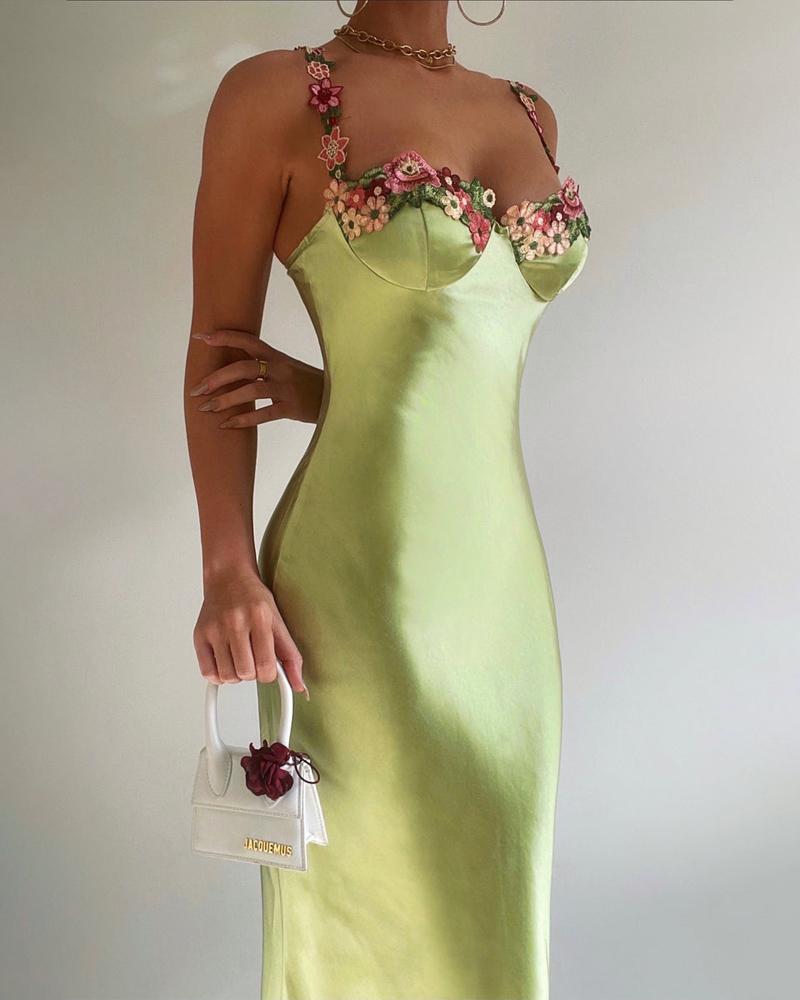

Floral Embroidery Satin Midi Dress, Green