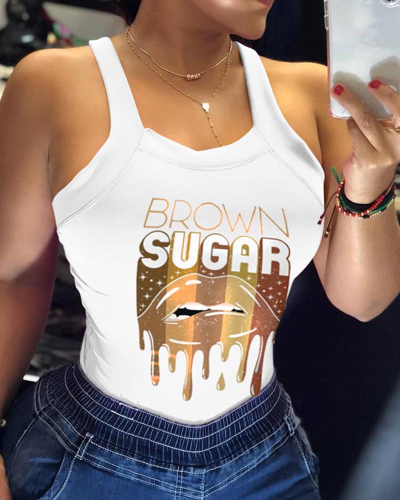 

Lip Letter Print Sleeveless Casual Tank Top, White