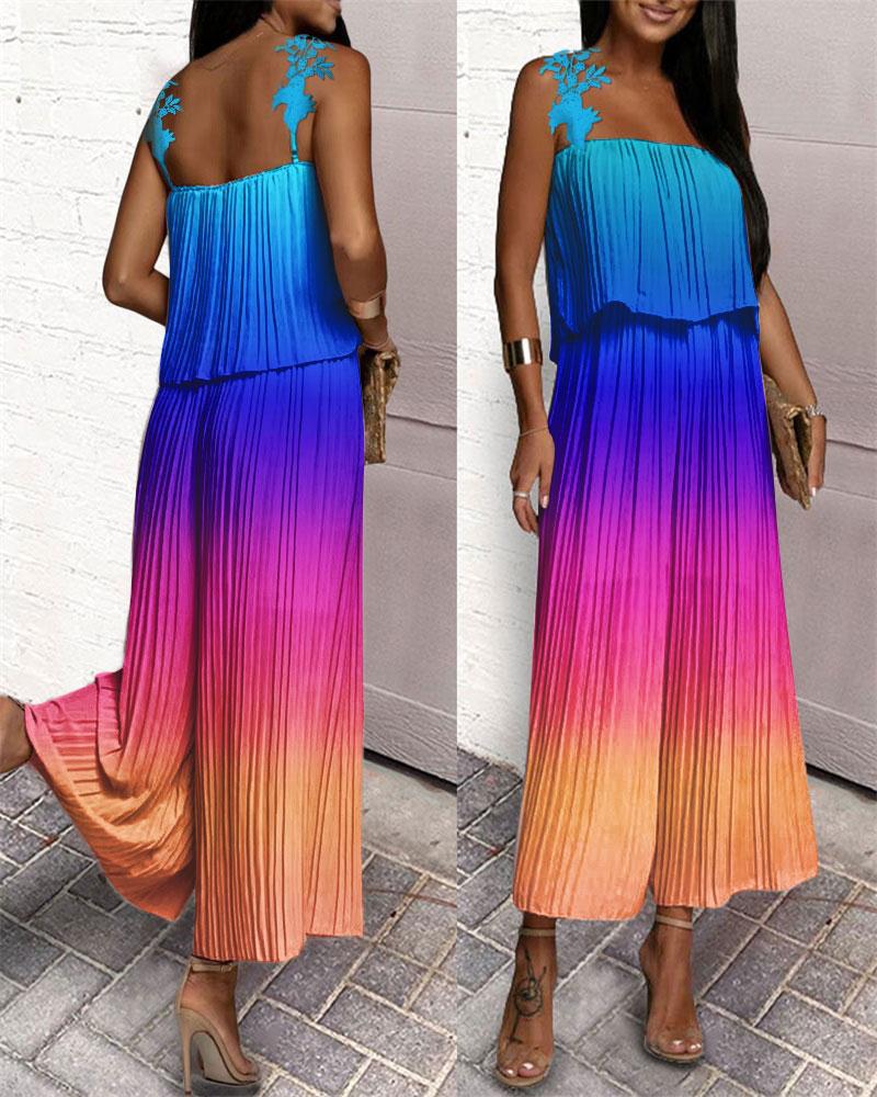 

Ombre Lace Patch Pleated Wide Leg Jumpsuit, Multicolor