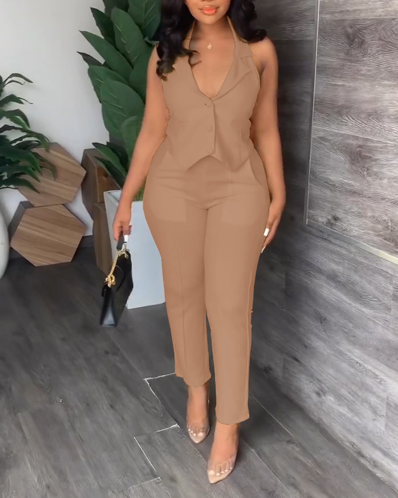 

Halter Sleeveless Vest Blazer Top & High Waist Pants Set, Khaki