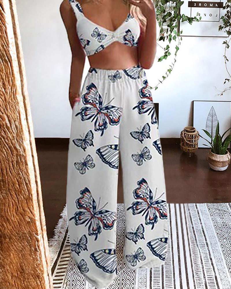 

Butterfly Print Crop Top & Wide Leg Pants Set, White