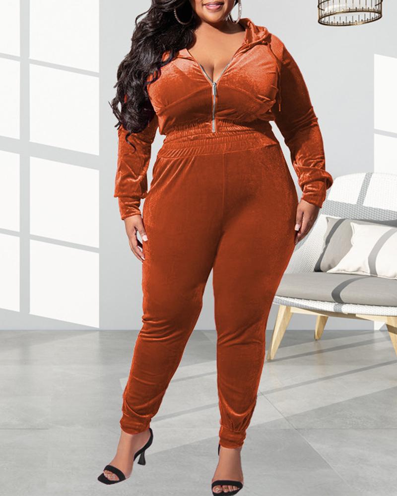

Plus Size Velvet Zip Up Hooded Top & Pants Set, Orange