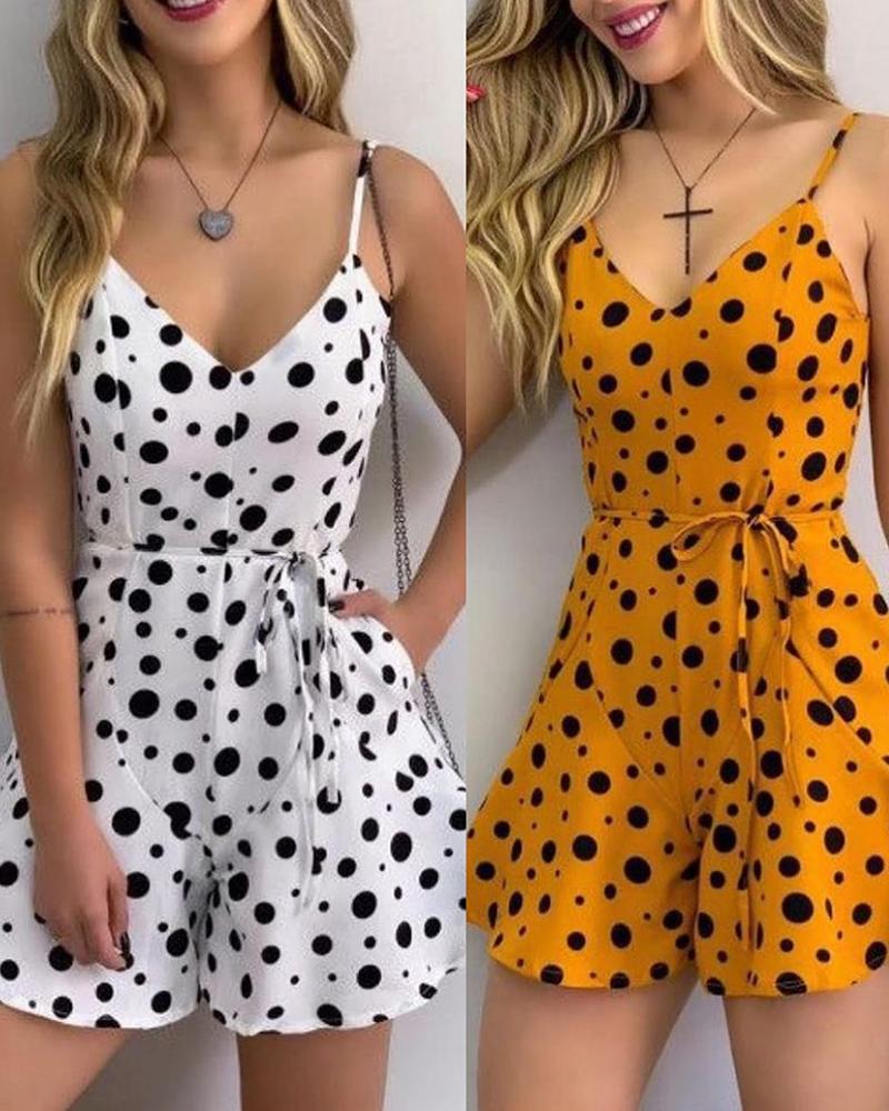 

Polkadot Print Pocket Design Casual Romper, White
