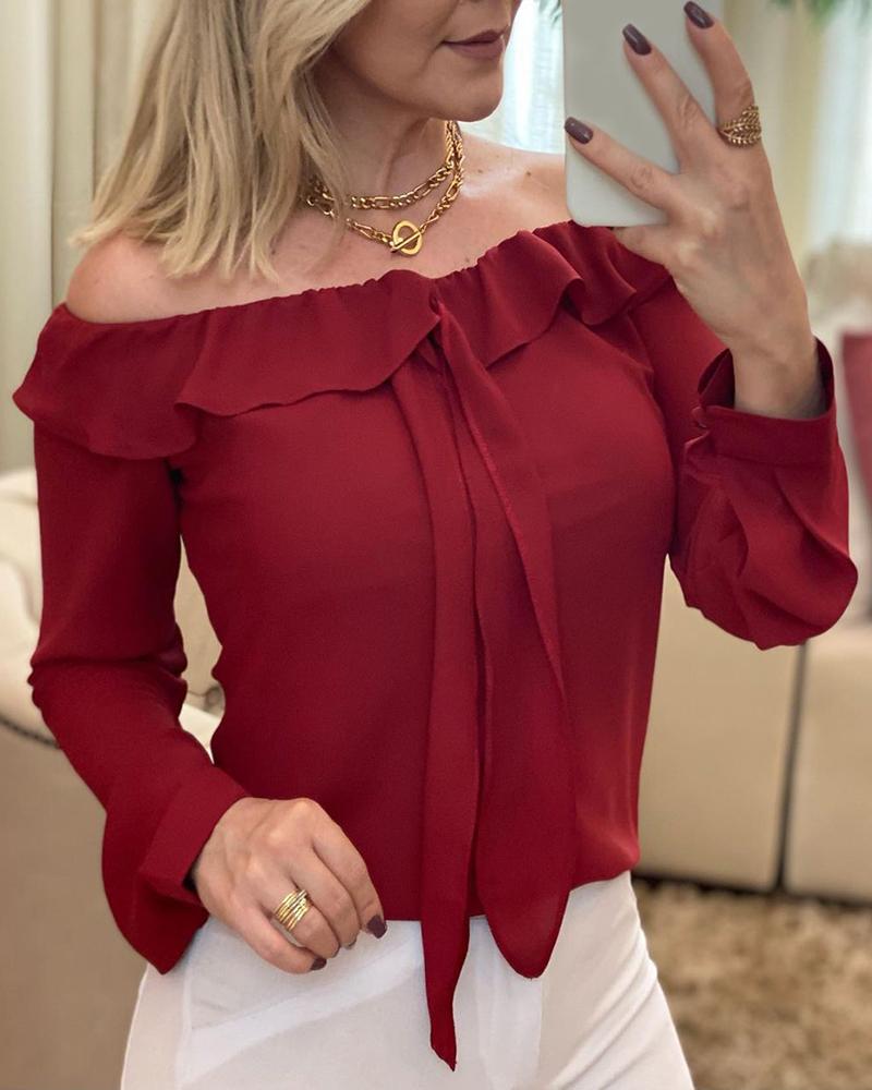 

Off Shoulder Tied Detail Ruffles Long Sleeve Top, Wine red
