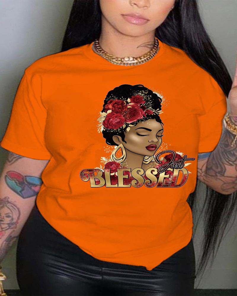 

Plus Size Just Blessed Figure Print Casual T-shirt, Orange