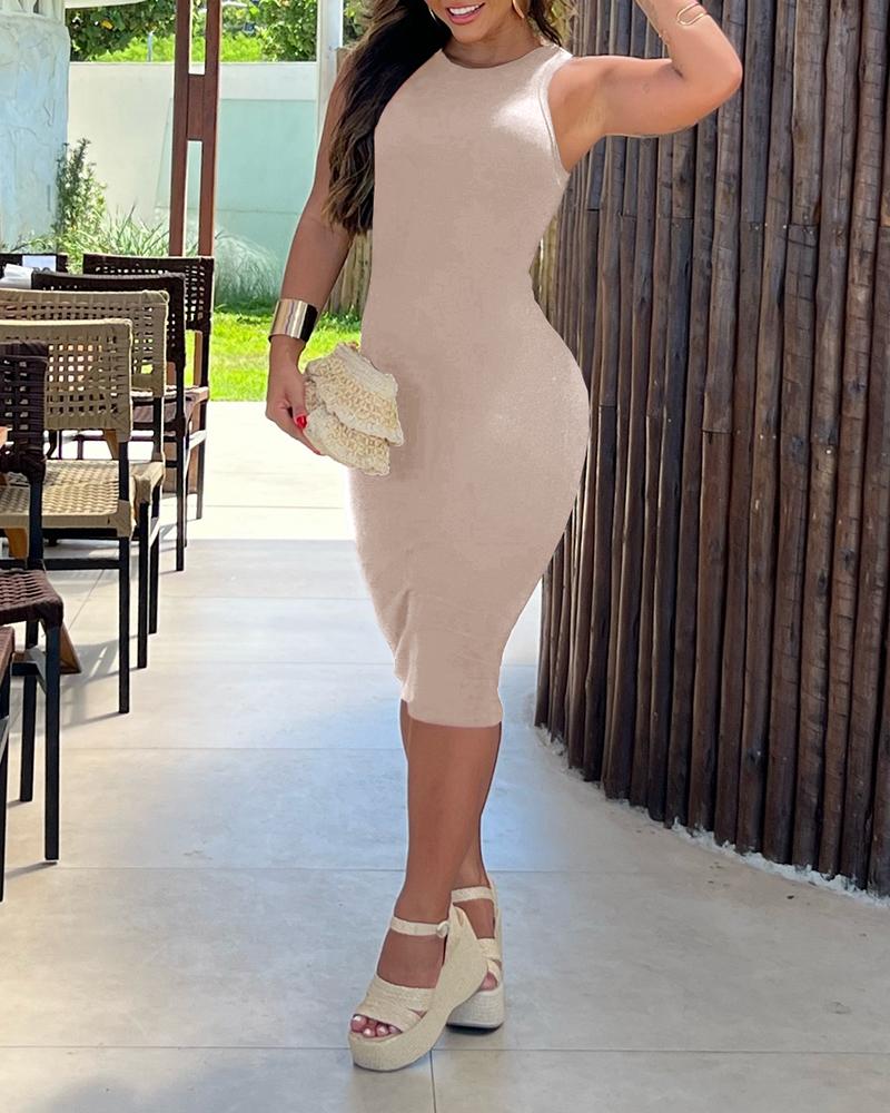 

Vestido bodycon canelado sem mangas com decote em O, Khaki