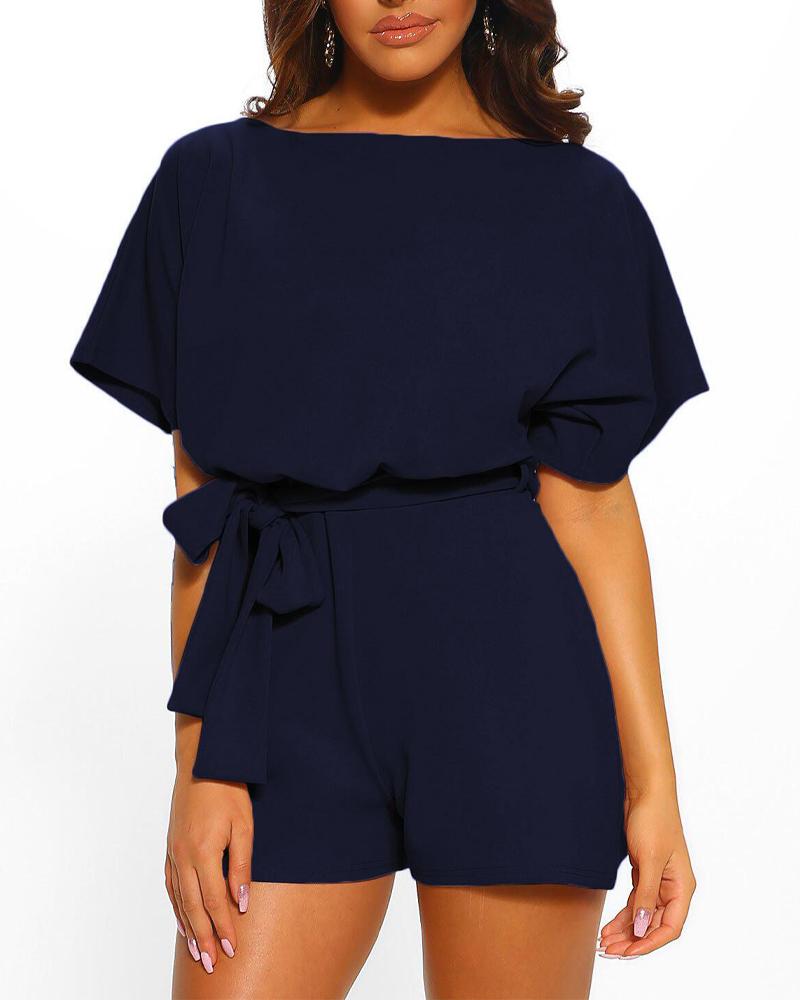 

Batwing Sleeve Keyhole Back Belted Romper Playsuit, Purplish blue