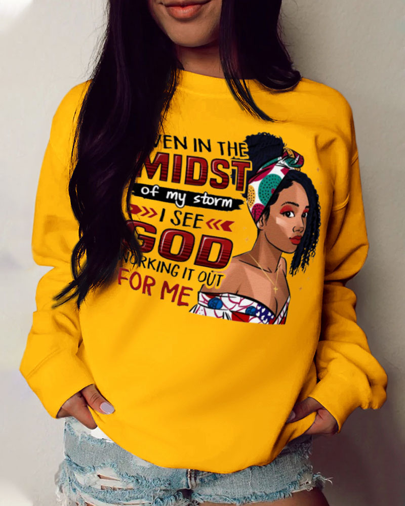 

Plus Size Figure Letter Print Long Sleeve Sweatshirt, Yellow