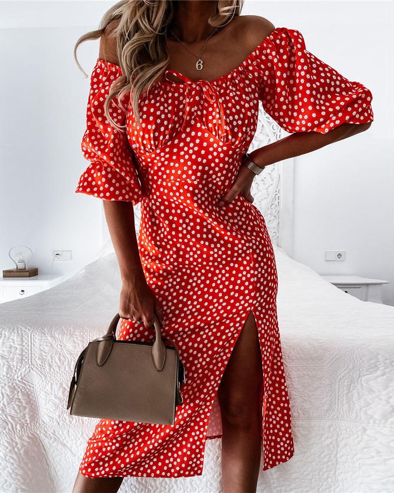 

Daisy Print Off Shoulder High Slit Dress, Red