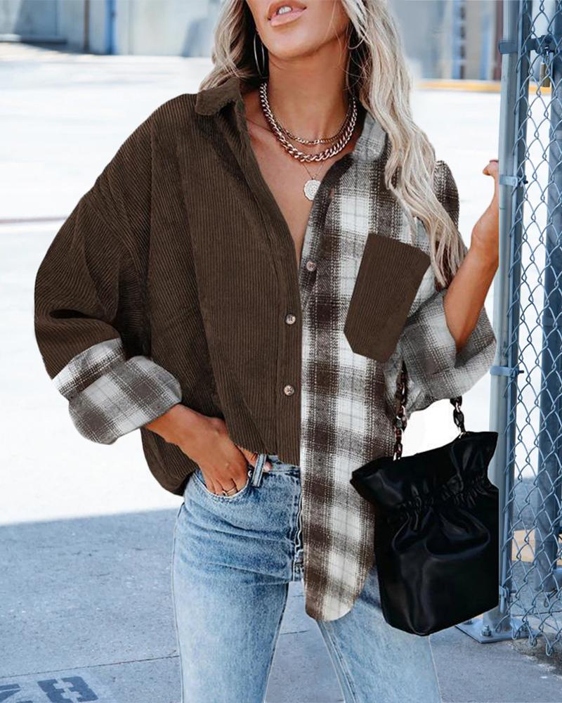 

Plus Size Plaid Print Long Sleeve Shacket, Brown