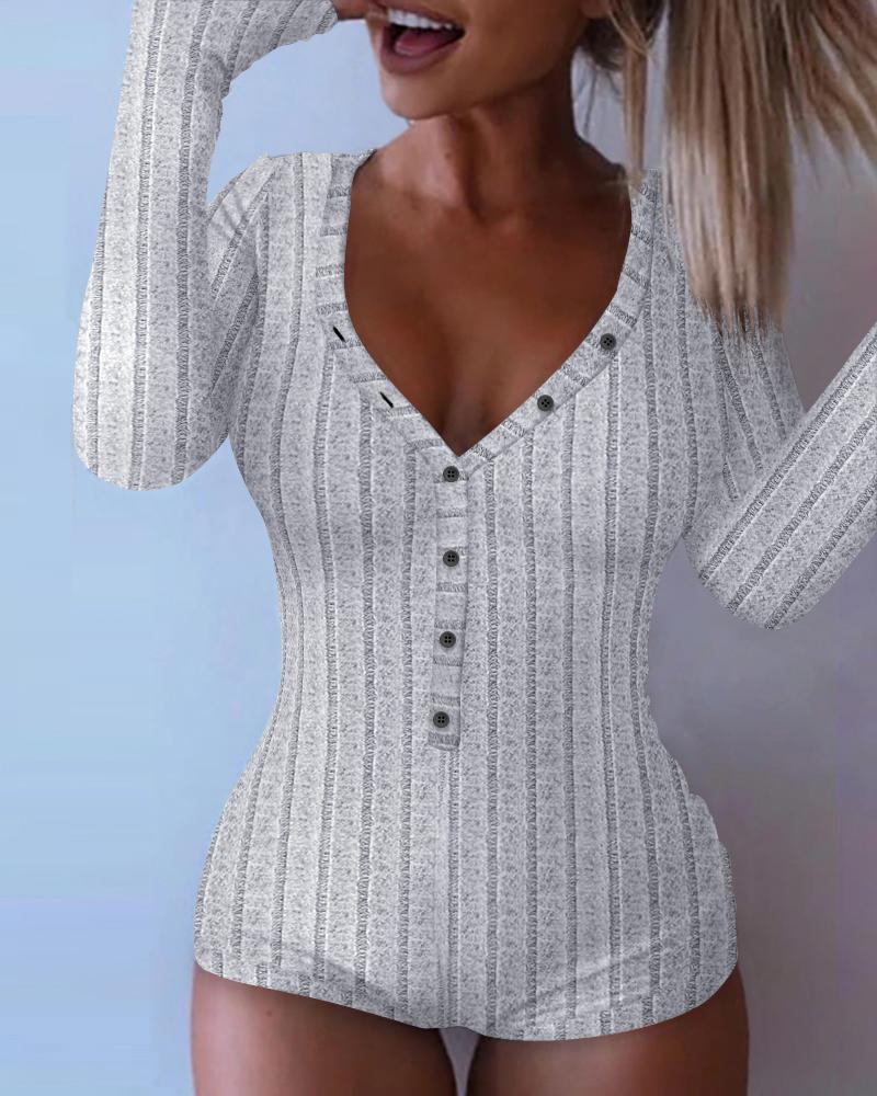 

V-Neck Long Sleeve Buttoned Ribbed Onesie Romper, Gray