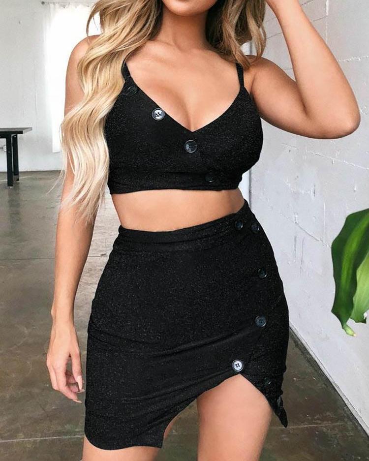

Spaghetti Strap Buttoned Crop Top & Skirt Sets, Black
