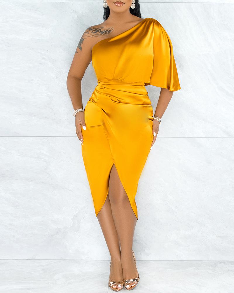 

One Shoulder Satin Ruched Party Dress, Yellow