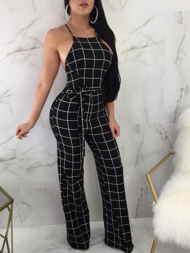 

Grid Crisscross Back Tied Waist Flared Jumpsuit, Black