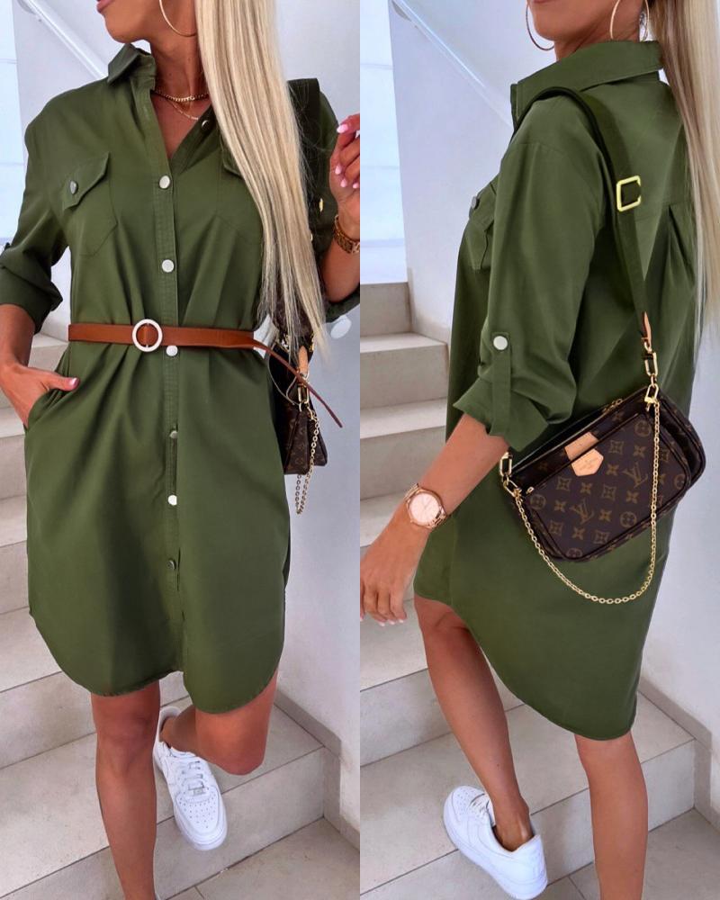 

Pocket Design Asymmetrical Buttoned Work Dress, Army green