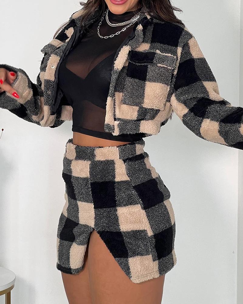 

Plaid Pattern Crop Teddy Jacket & Slit Skirt Set, Black
