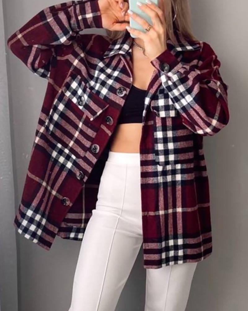 

Long Sleeve Plaid Print Pocket Button Design Shacket, Wine red
