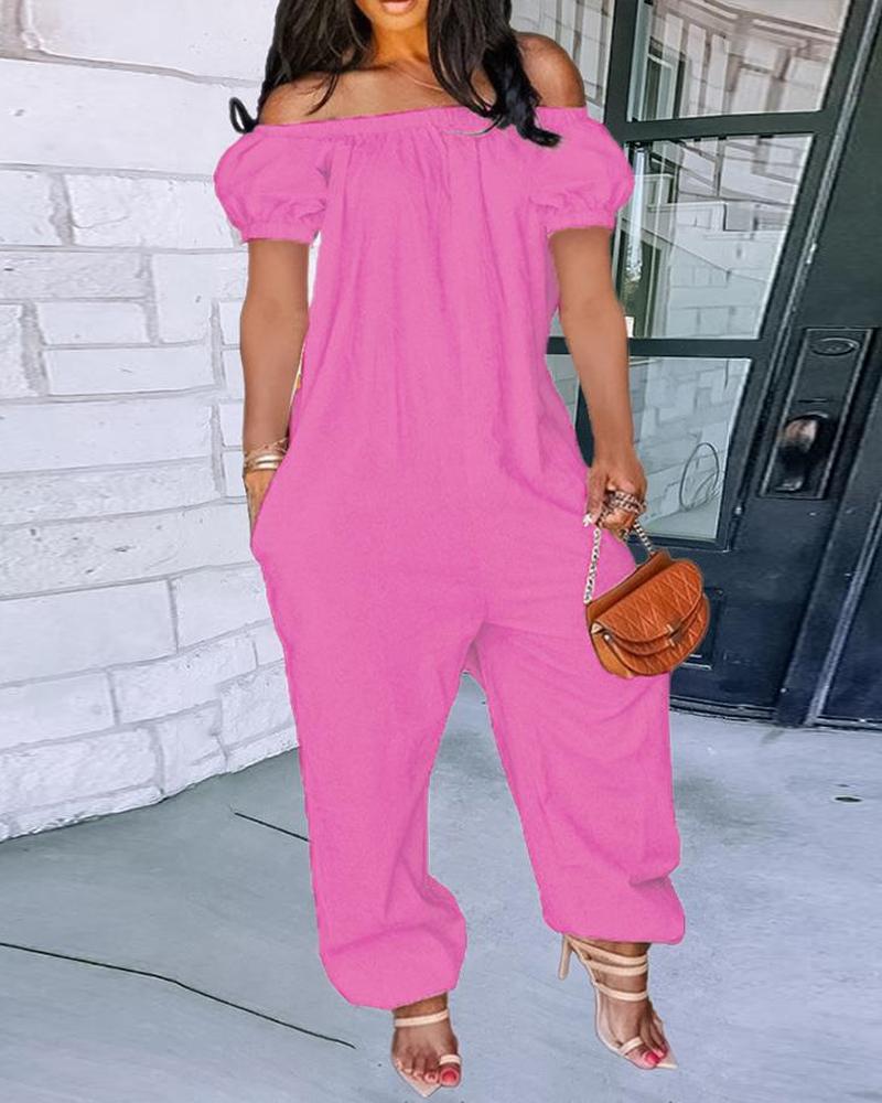 

Pocket Detail Off Shoulder Cuffed Jumpsuit, Pink