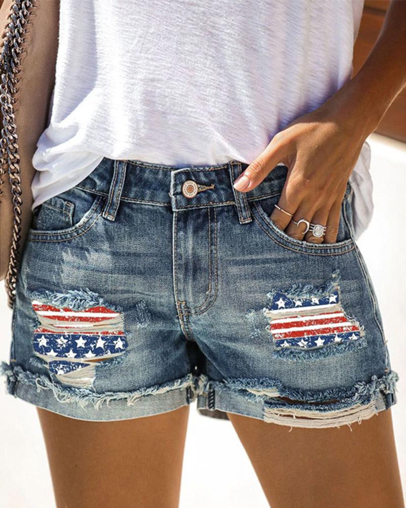 

Independence Day Flag Print Patchwork Raw Hem Ripped Denim Shorts, Blue