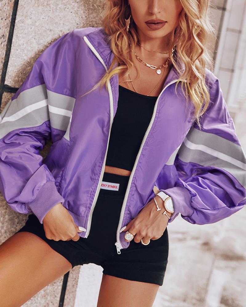 

Long Sleeve Colorblock Zipper Pocket Design Windbreaker Jacket, Purple