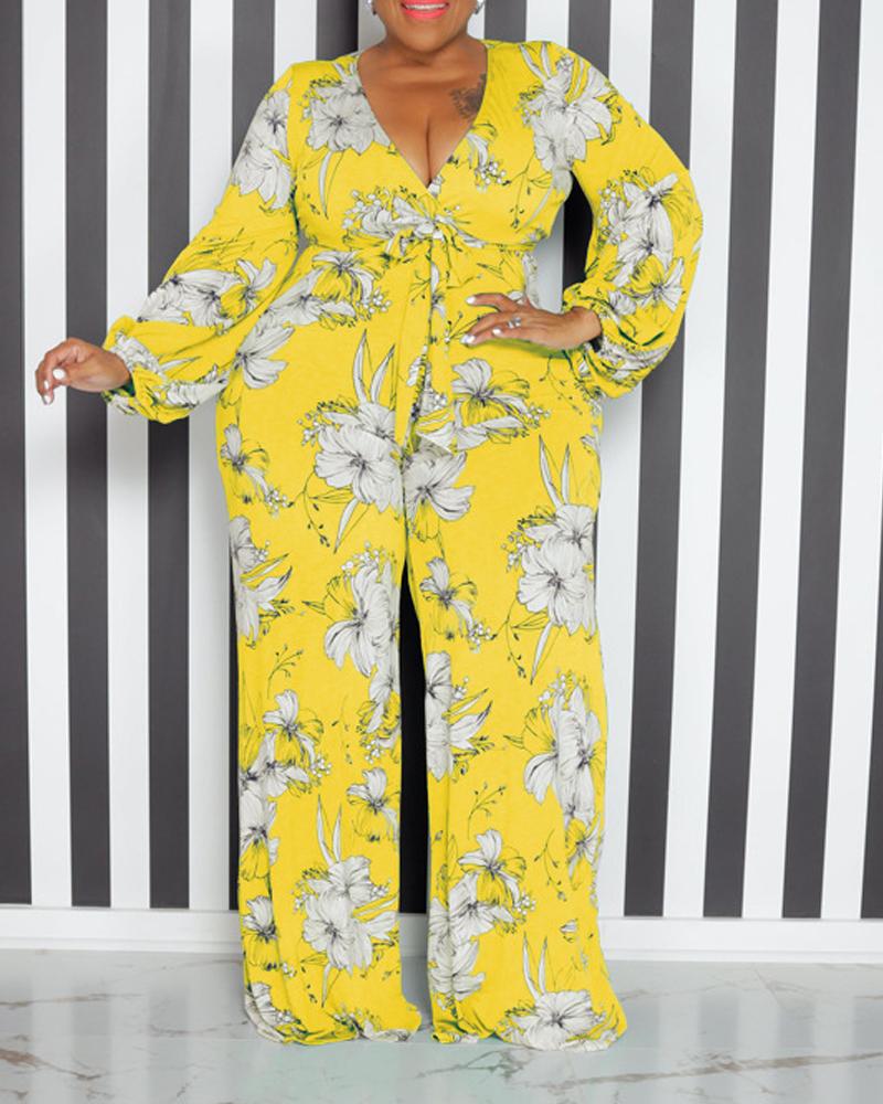 

Plus Size Floral Print Long Sleeve Belted Jumpsuit, Yellow