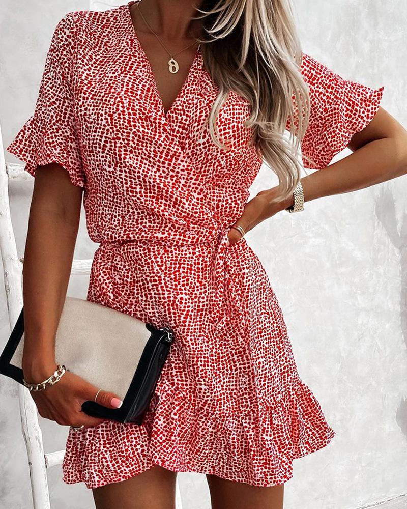 

Ruffles Tied Detail Dot Pattern Print Dress, Red
