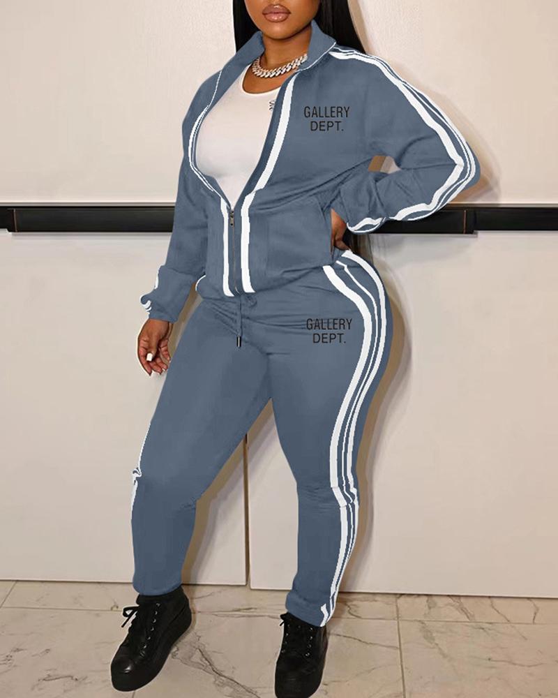

Letter Pattern Zipper Desigan Top & Pants Set, Gray