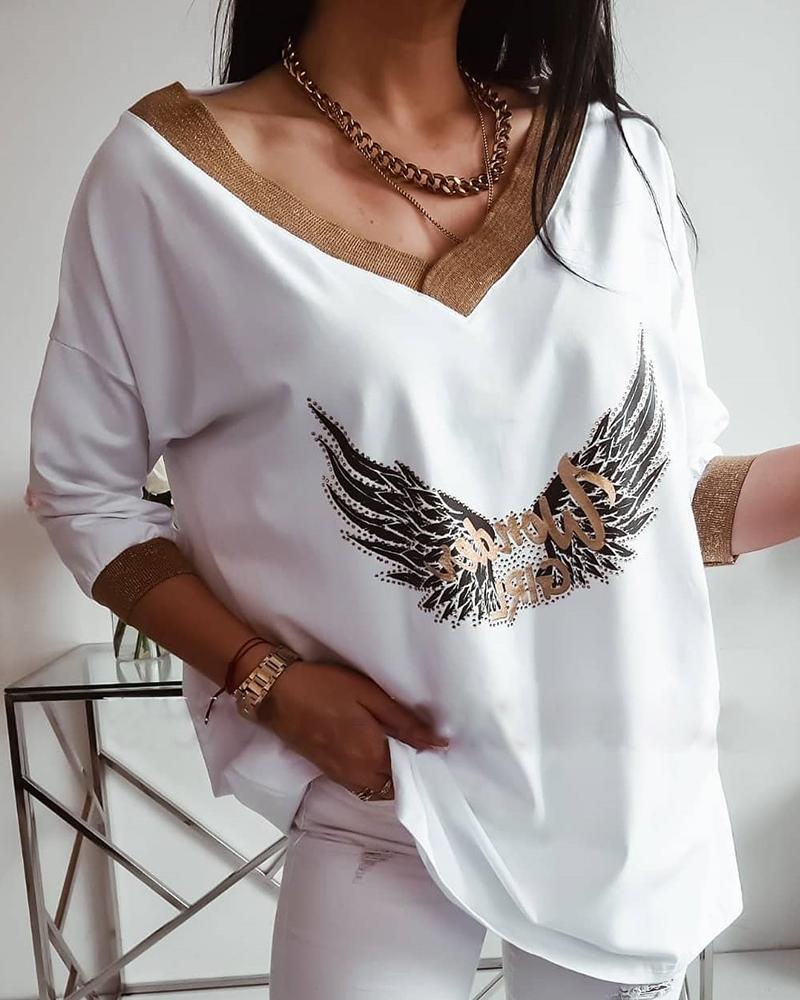 

Wings Letter Pattern Contrast Binding Top, White