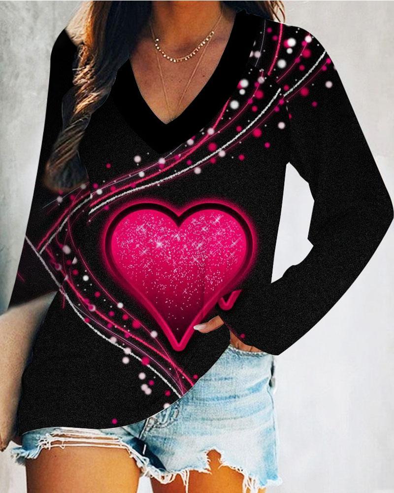 

Valentine's Day Heart Print Long Sleeve Top, Black