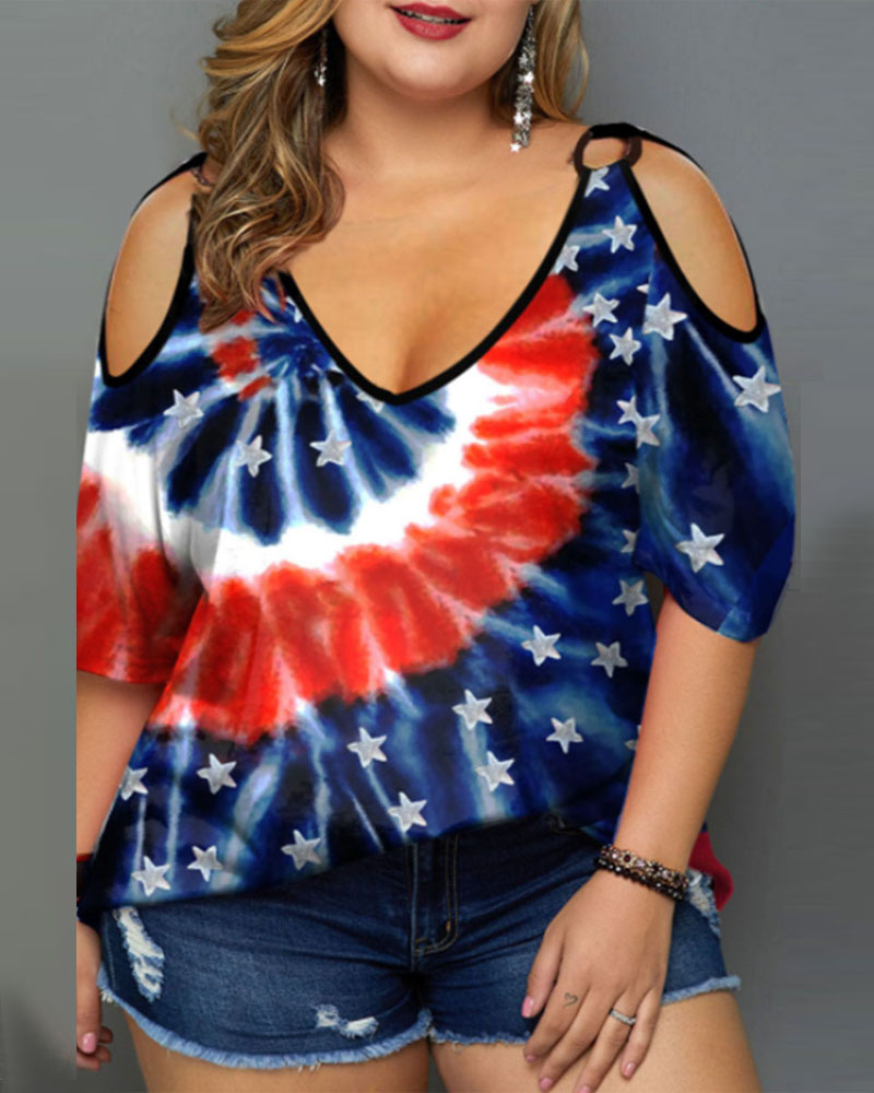 Kaufen Plus Size Tie Dye Print O-Ring Cold Shoulder T-shirt. Bild