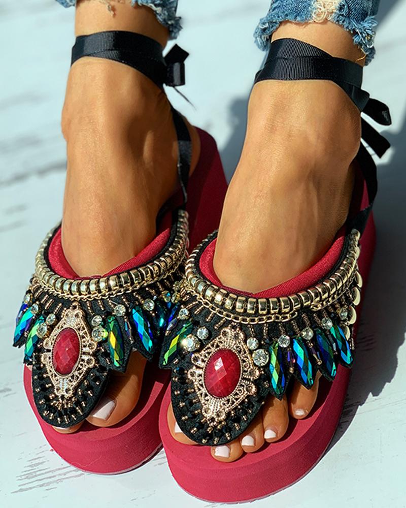 

Rhinestone Toe Post Wedge Sandals, Wine red