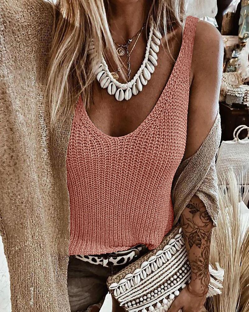 

U Neck Thick Strap Knit Basic Top, Pink