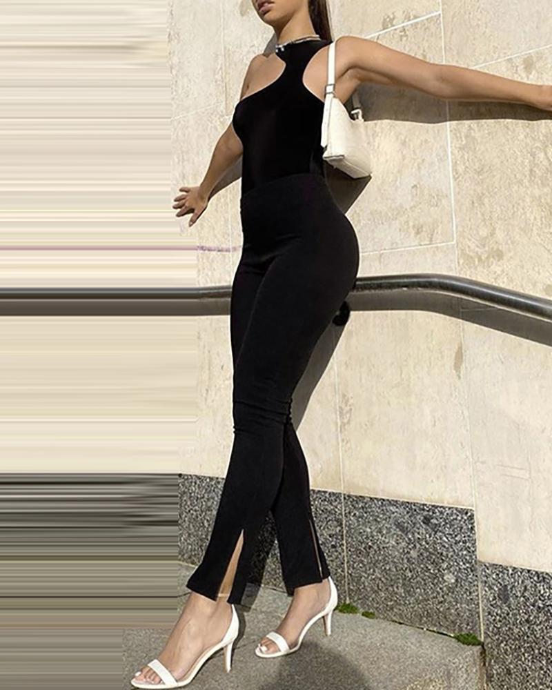 

One Shoulder Irregular Top & Pants Set, Black