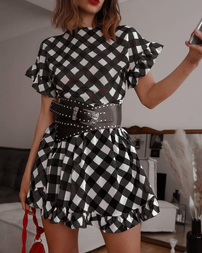 

Frill Hem Plaid Print Short Sleeve Casual Dress, Black