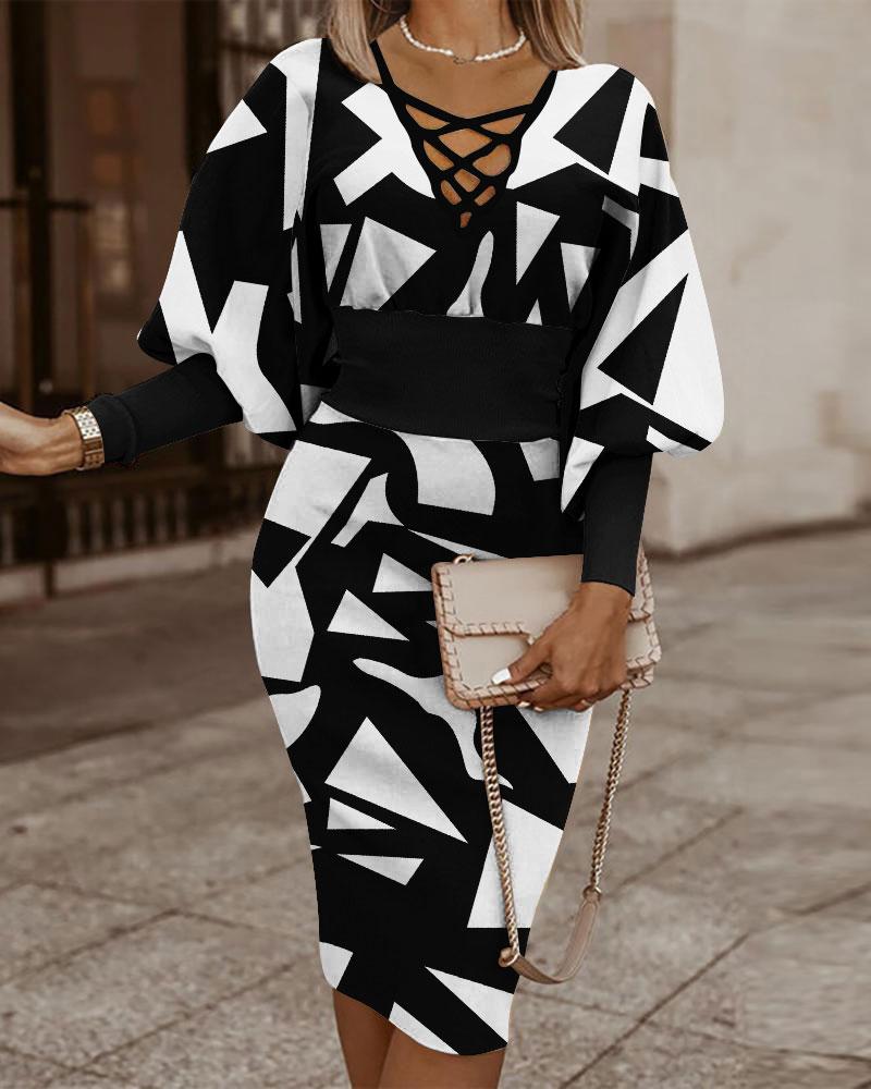 

Geometric Print Lantern Sleeve Midi Dress, Blackwhite