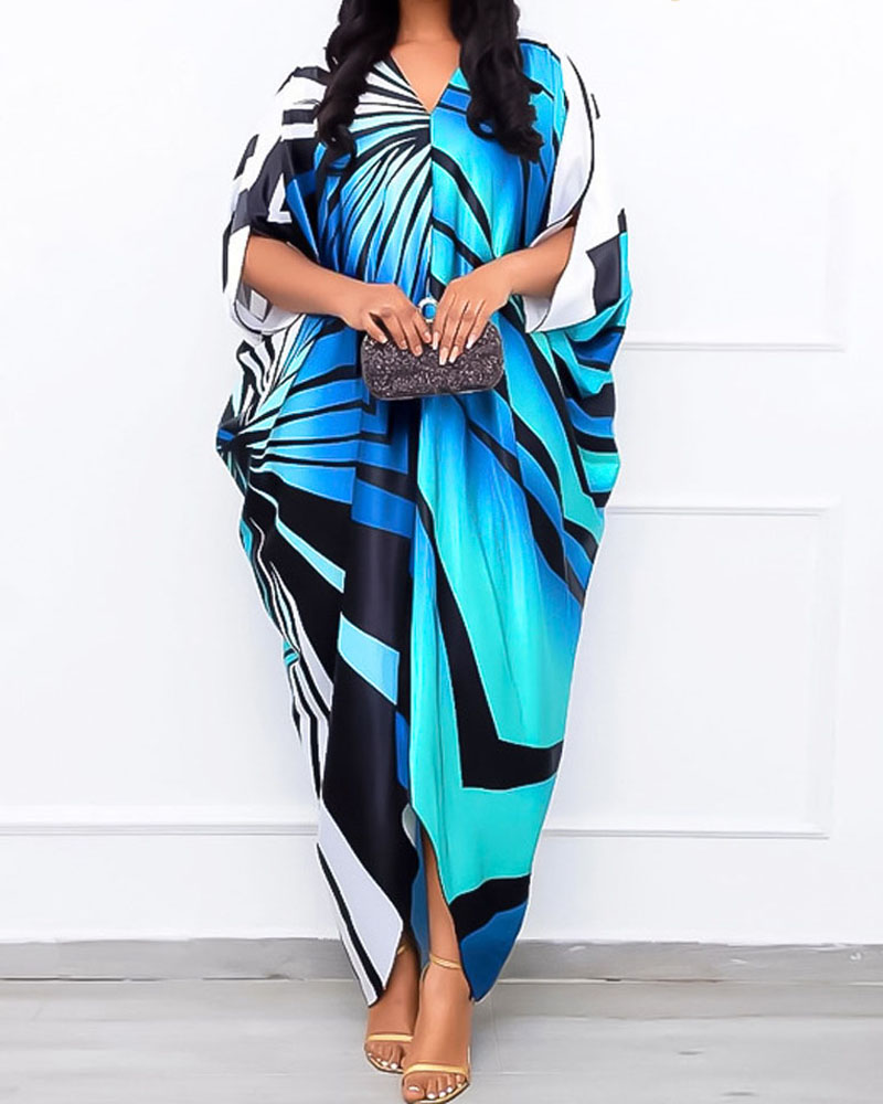 

Geometric Print Batwing Sleeve Casual Dress, Blue