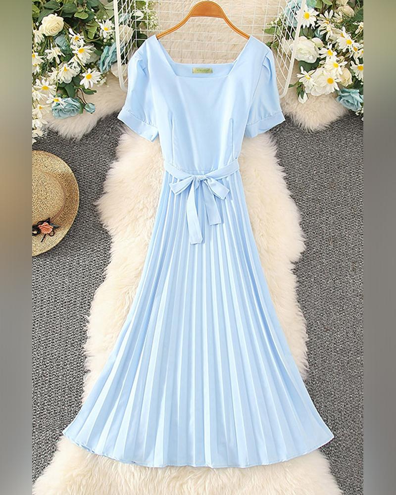 

Solid Short Sleeve Lace-up Waist Midi Dress, Blue