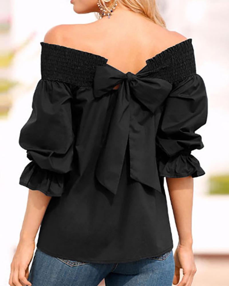 

Off Shoulder Bowknot Shirring Detail Top, Black