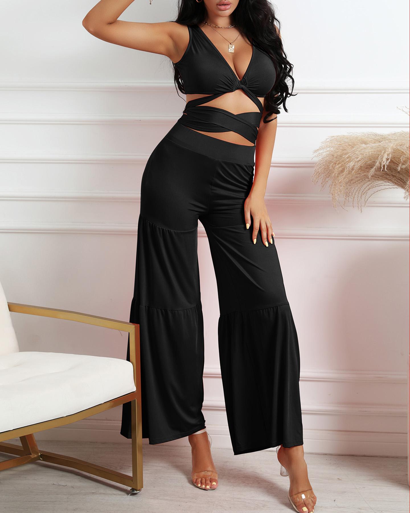 

Solid Color Lace-up Ruched Tank Top With Wide Leg Pants Suit Sets, Black