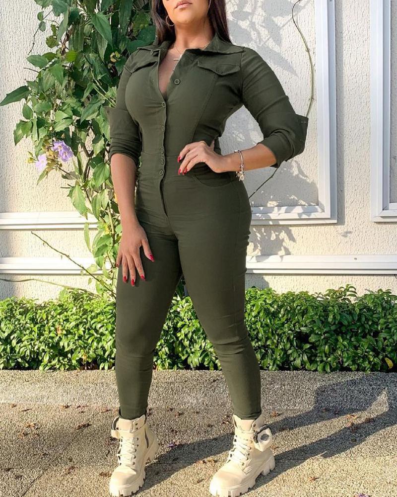 

Long Sleeve Buttoned Turn Down Collar Jumpsuit, Army green