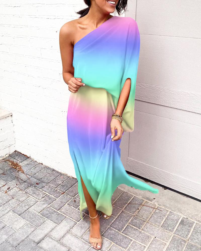 

Ombre One Shoulder Split Hem Maxi Dress, Multicolor