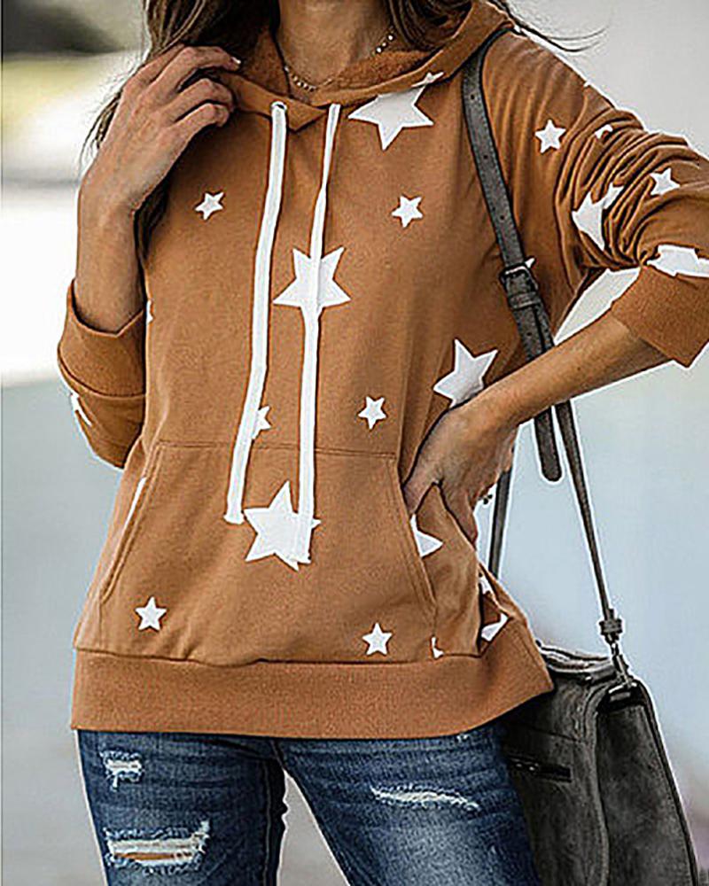 

Star Print Pocket Design Hooded Sweatshirt, Khaki